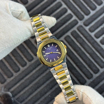 Patek Phillipe Silver & Golden Chain With Blue Dial